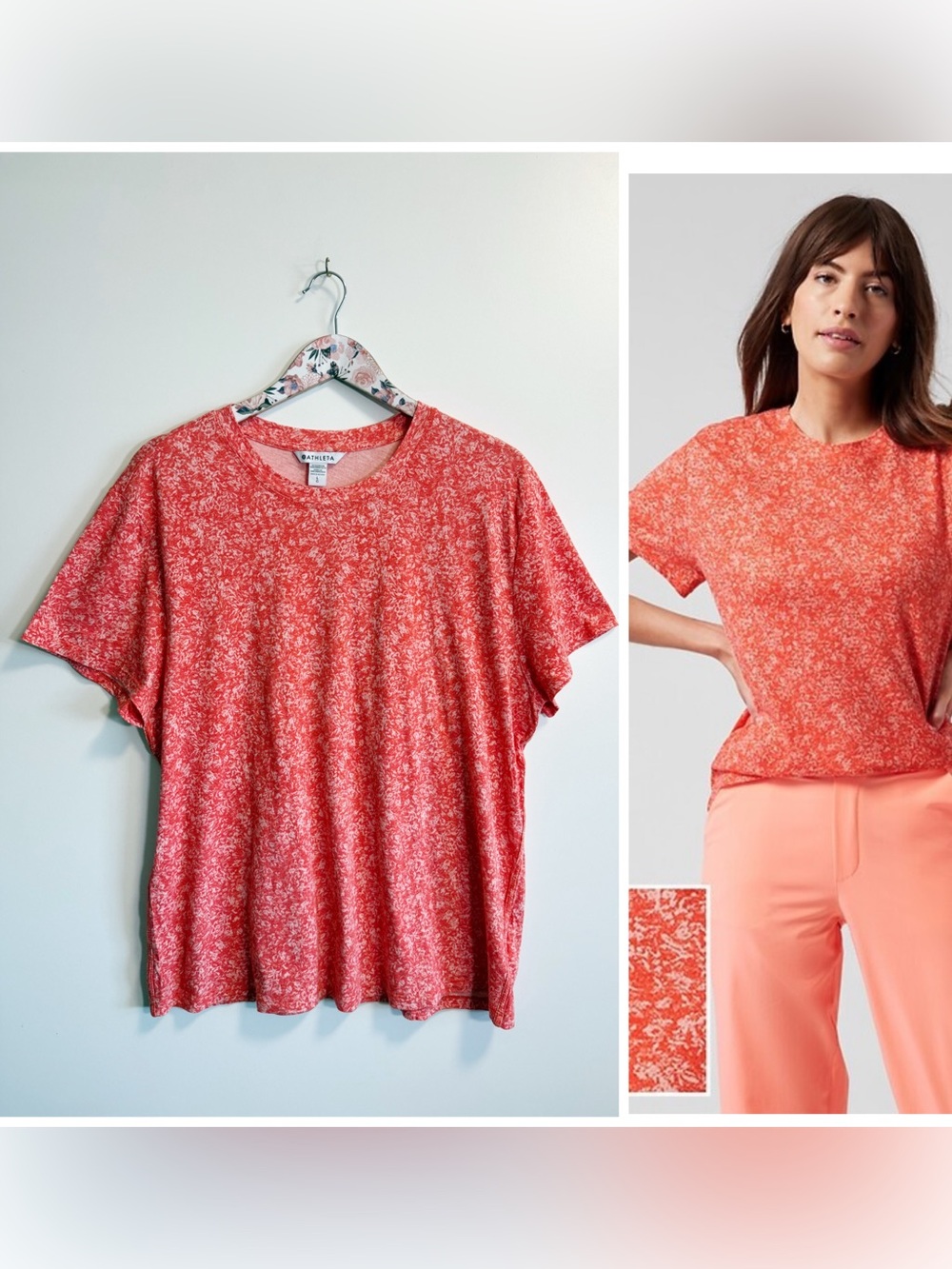 ATHLETA Organic Daily Relaxed Tee Flower Texture Flame Orange L Large